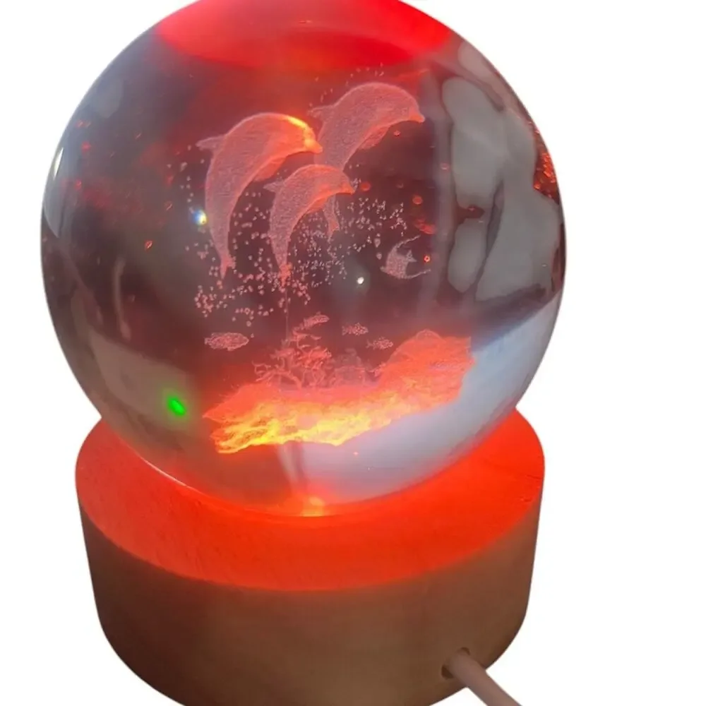 Livmore Crystal Ball Led Light Wooden Base USB Base Dolphins and Fish NWB 2.5